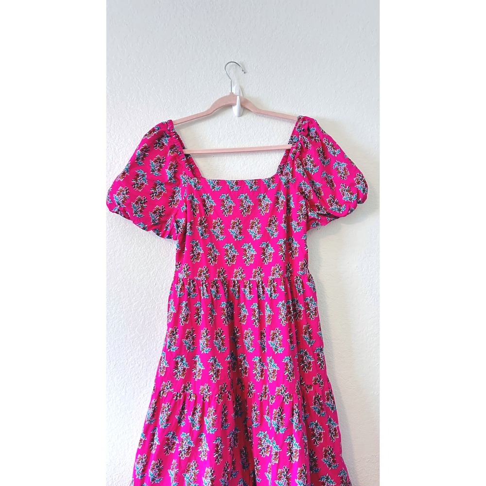 J.Crew Pink Floral Brunch Block Print Puff Sleeve Tiered Midi Dress SZ 8 - Picture 3 of 9